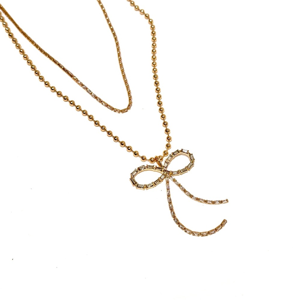 EXPRESS Gold & Baguette Rhinestone/Crystal Bow Layered Necklace NWT - Picture 14 of 14